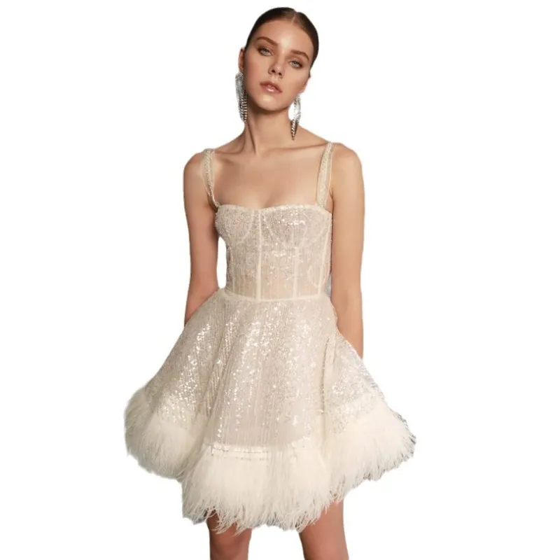 Women Elegant Party Sequined Feather Evening Gown - Image 5