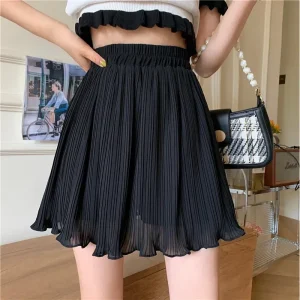 Women Casual Solid Color Pleated Summer High Waist Chiffon Skirt