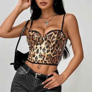 Women Fashion Sexy Leopard Sequins Slim-Fit Crop Top