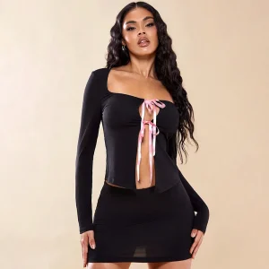 Women Fashion Sexy Bowknot Straps Round Neck Long Sleeve Crop Top