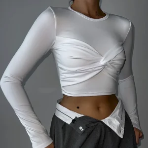 Women Fashion Sexy Solid Color Pleated Long Sleeve Crop Top