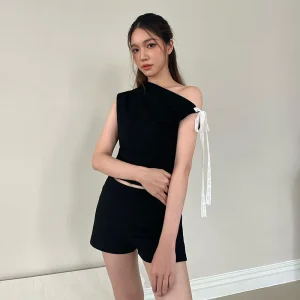 Women Fashion Sexy Slant Shoulder Sleeveless Lace-Up Slim-Fit Crop Top