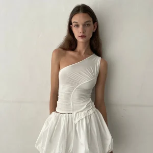 Women Fashion Sexy Slim-Fit Slanted Shoulder Sleeveless Pleated Crop Top