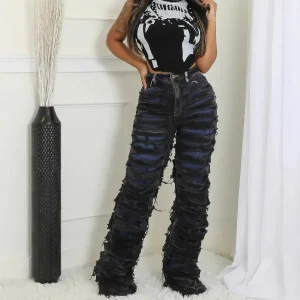 Women Fashion Creative Double Layer Ripped Straight Jeans