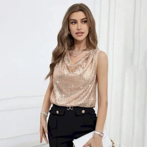 Women Fashion Sexy Solid Color Sequin Rhinestone V-Neck Vest