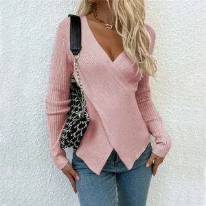 Women Fashion Casual Solid Color Irregular Cross Knit Sweater