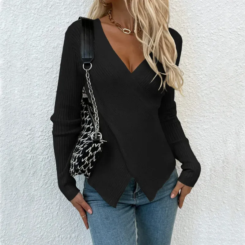 Women Fashion Casual Solid Color Irregular Cross Knit Sweater - Image 2