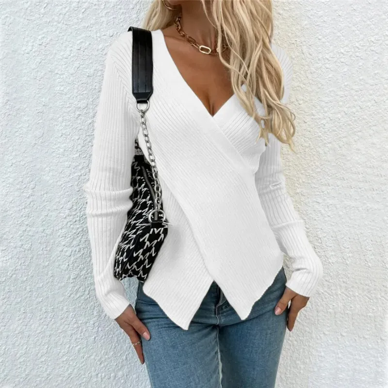 Women Fashion Casual Solid Color Irregular Cross Knit Sweater - Image 3
