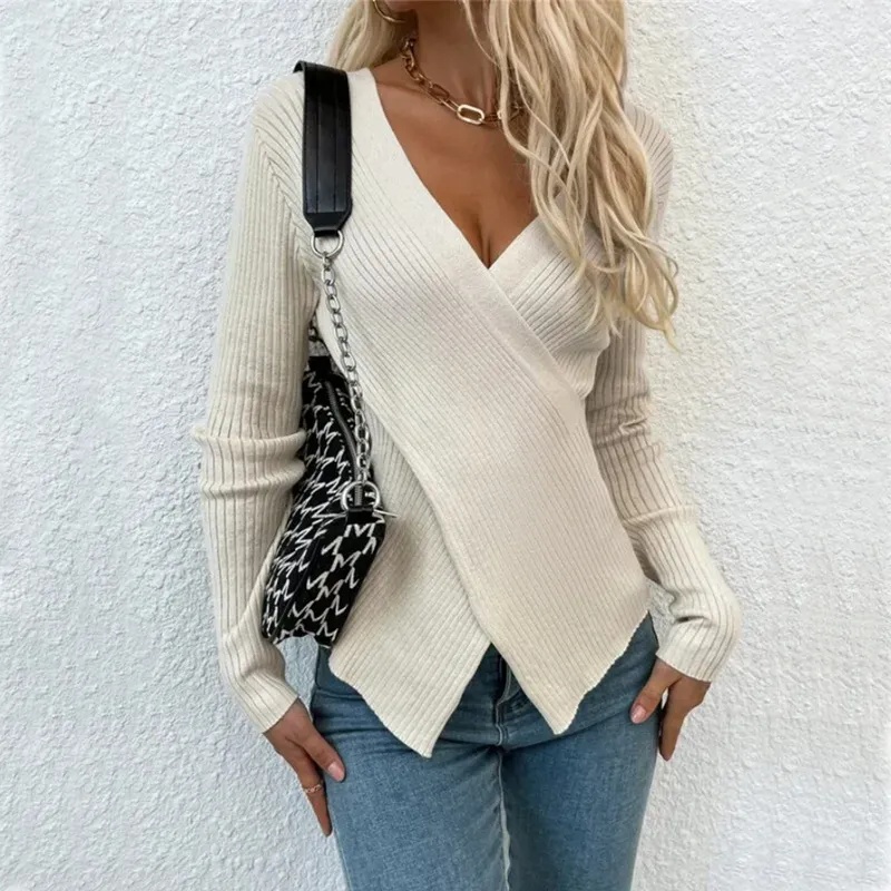 Women Fashion Casual Solid Color Irregular Cross Knit Sweater - Image 4