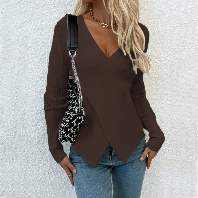 Women Fashion Casual Solid Color Irregular Cross Knit Sweater - Image 5