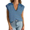 Women Fashion Casual Stripe Lapel V-Neck Sleeveless Knitted Sweater