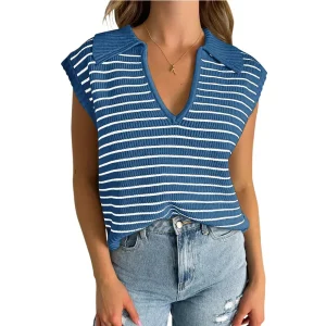 Women Fashion Casual Stripe Lapel V-Neck Sleeveless Knitted Sweater