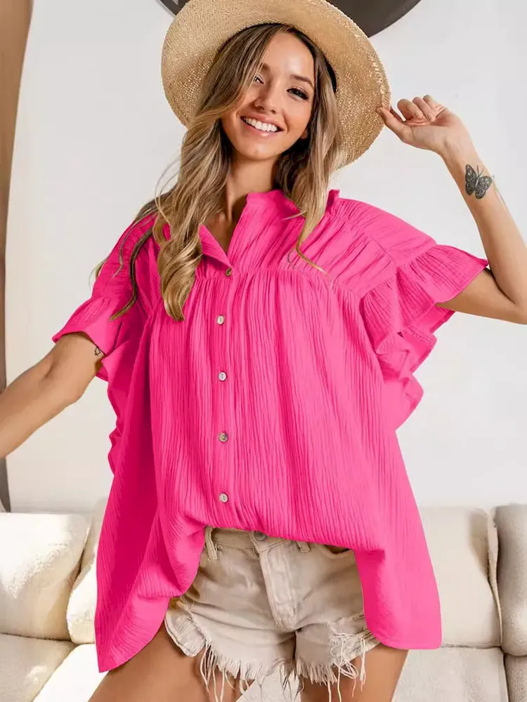 Women Fashion Casual Solid Color Pleated Stand Collar Single Breasted Blouse - Image 2