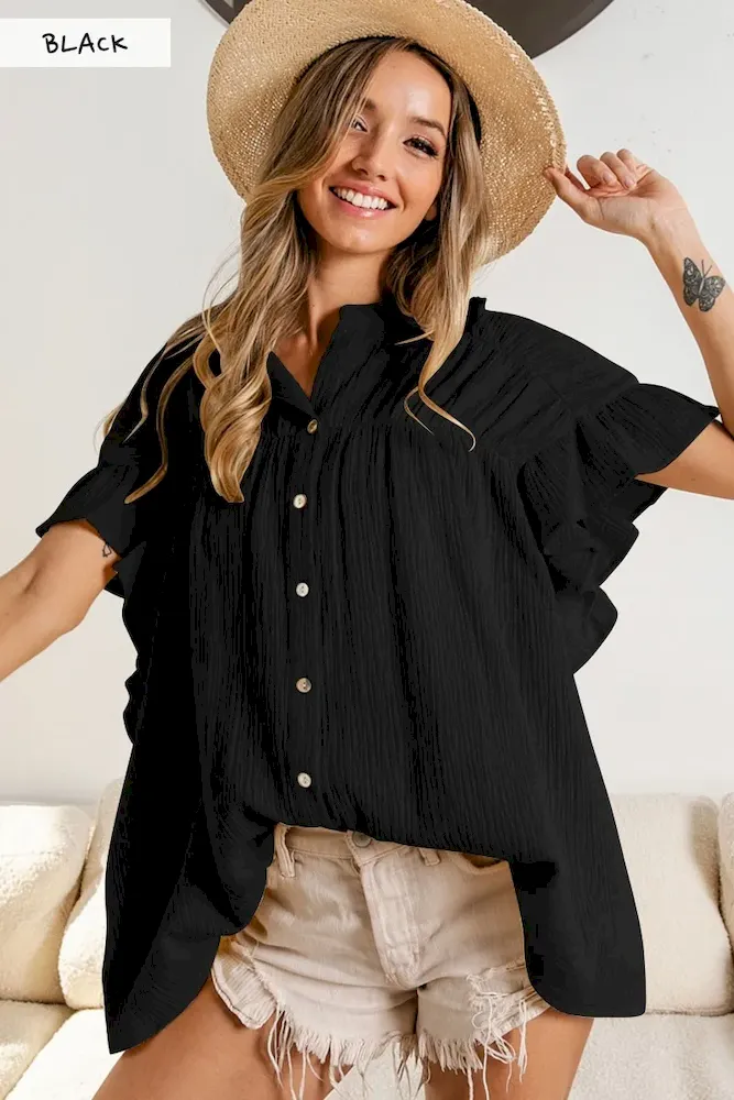 Women Fashion Casual Solid Color Pleated Stand Collar Single Breasted Blouse - Image 5