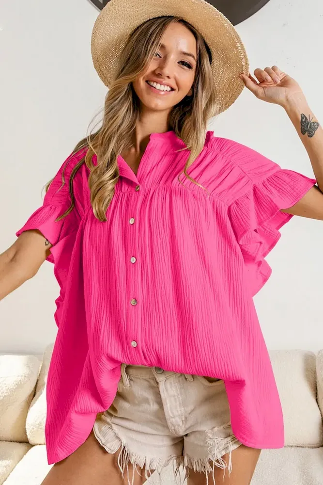 Women Fashion Casual Solid Color Pleated Stand Collar Single Breasted Blouse - Image 7