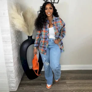 Women Fashion Casual Multicolor Plaid Lapel Single Breasted Long-Sleeve Blouse