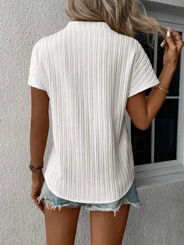 Women Fashion Casual Solid Color V-Neck Stripe Short Sleeve Blouse - Image 3
