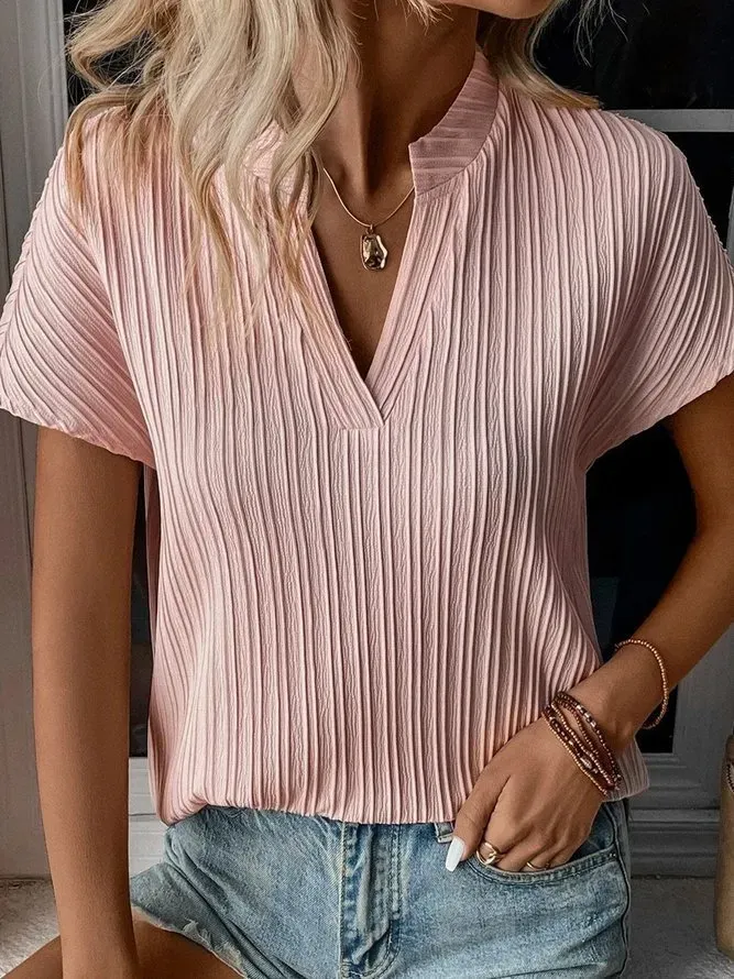 Women Fashion Casual Solid Color V-Neck Stripe Short Sleeve Blouse - Image 5