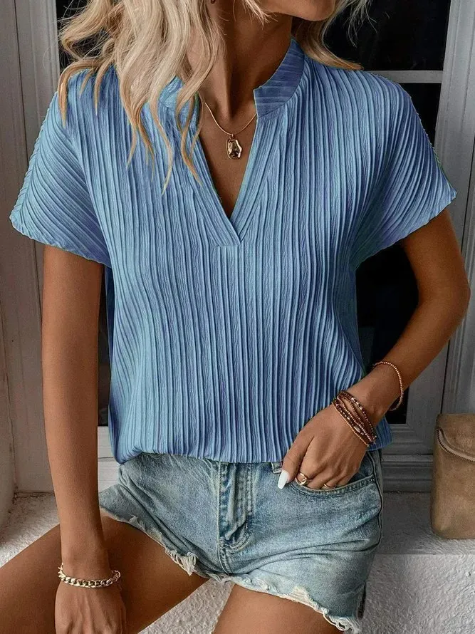 Women Fashion Casual Solid Color V-Neck Stripe Short Sleeve Blouse - Image 6
