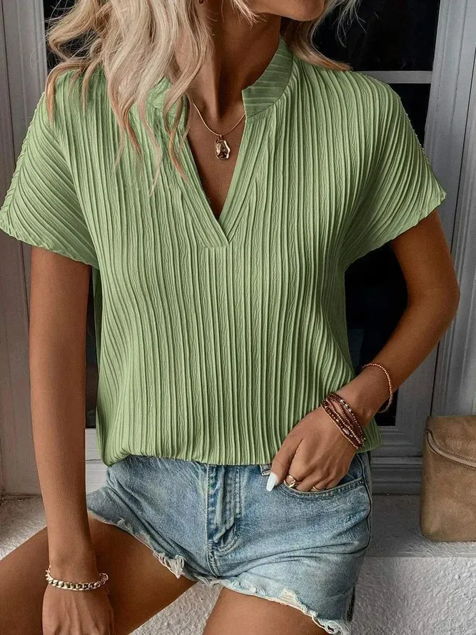 Women Fashion Casual Solid Color V-Neck Stripe Short Sleeve Blouse - Image 7