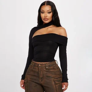 Women Fashion Sexy Irregular Solid Color Hollow Long Sleeve T-Shirt