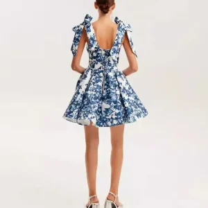 Women Fashion Elegant Vacation Floral Printed Sleeveless Lace-Up Backless Dress