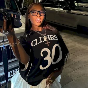 Women Fashion Casual Loose Letter Digital Print Short Sleeve V-Neck Jersey T-Shirt