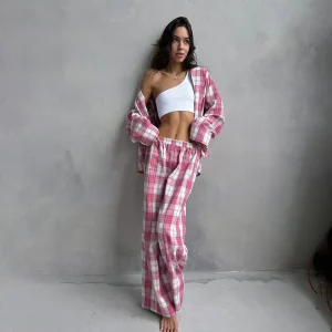 Women Fashion Casual Red Plaid Long Sleeve Lapel Top Loose Pants Pajamas Set
