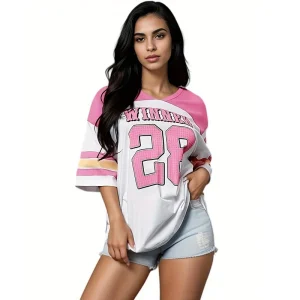 Plus Size Women Sports Loose Digital Printing Color Contrast Basketball Jersey T-Shirt