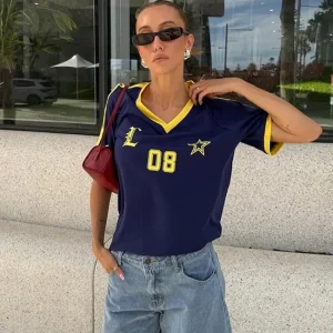 Fashion Women Long Sleeve V-Neck Letter Printed Loose Jersey T-Shirt