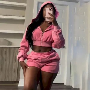 Women Fashion Casual Long Sleeve Zipper Hoodies Slim Fit Shorts Two-Piece Set