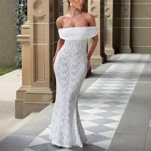 Women Sexy Perspective Lace Shoulder Party Dress