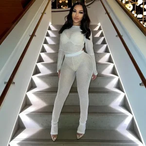 Women Fashion Sexy Perspective Tight Long Sleeve Top Pants Two-Piece Set