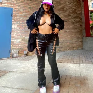 Women Fashion Solid Color High Waist Hollow Lace-Up Pu Leather Pants