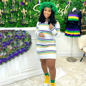 Women Fashion Casual Stripe Lapel Long Sleeve Pocket Dress