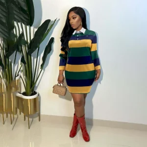 Women Fashion Casual Stripe Laple Long-Sleeve Slim Fit Dress