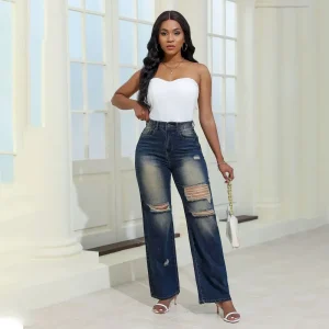 Women Fashion Casual High Waist Ripped Jeans