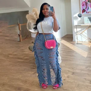 Women Fashion Sexy Hollow-Out Tassels Split Denim Skirt