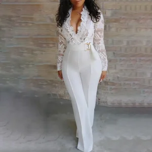 Women Sexy Perspective Lace Stitching Deep-V-Neck Long-Sleeve Belt Jumpsuit
