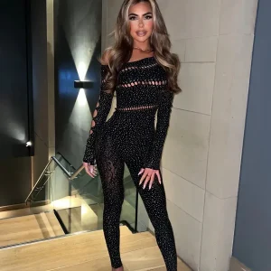 Women Fashion Sexy Tight Rhinestone Hollow-Out Long-Sleeved Jumpsuit