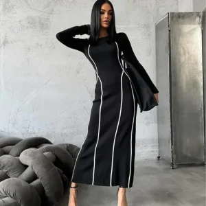 Women Round Neck Stripe Contrast Color Stitching Slim-Fit Mid-Length Long Sleeve Dress