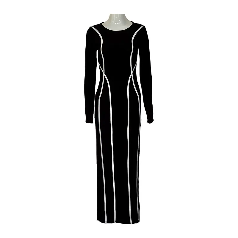 Women Round Neck Stripe Contrast Color Stitching Slim-Fit Mid-Length Long Sleeve Dress - Image 4