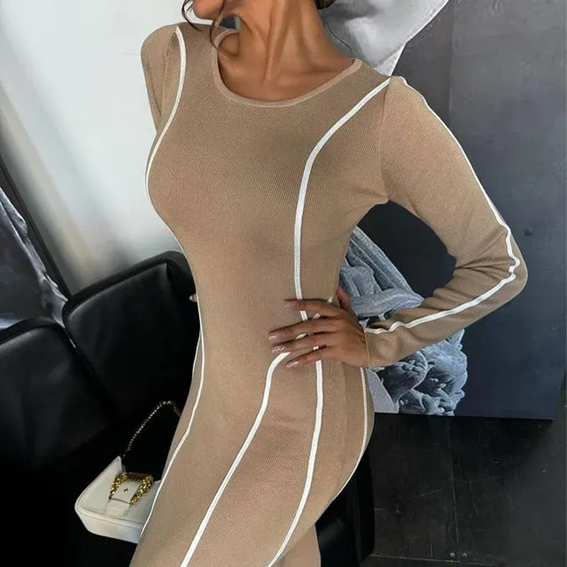 Women Round Neck Stripe Contrast Color Stitching Slim-Fit Mid-Length Long Sleeve Dress - Image 6