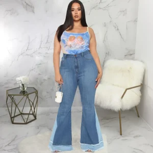 Women Fashion Plus Size Matching Slim Wide Leg Flared Jeans