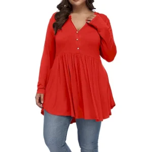 Women Casual Plus Size Solid Color V-Neck Button Pleated Long Sleeve T-Shirt