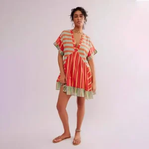 Women Fashion Casual Boho Multicolor Printed Stripe Short Sleeve V-Neck Dress