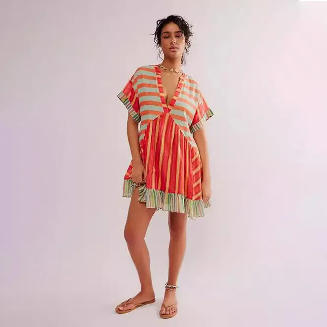 Women Fashion Casual Boho Multicolor Printed Stripe Short Sleeve V-Neck Dress