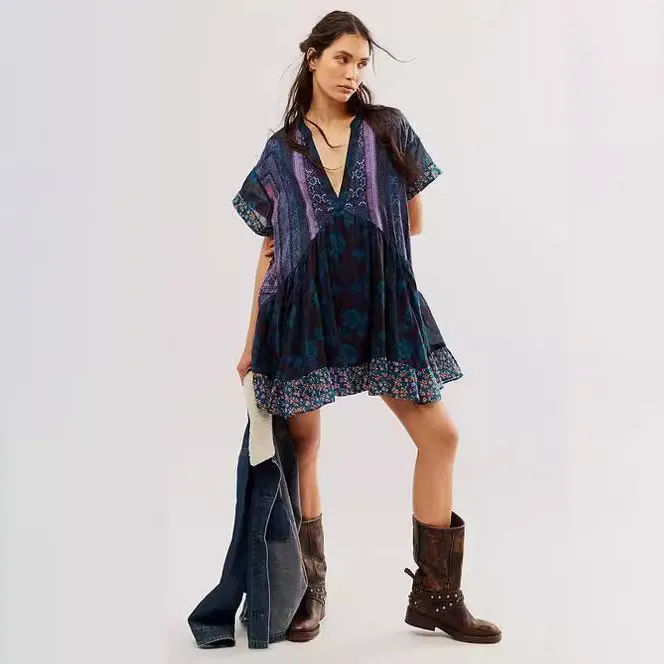 Women Fashion Casual Boho Multicolor Printed Stripe Short Sleeve V-Neck Dress - Image 2