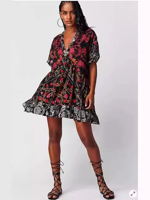 Women Fashion Casual Boho Multicolor Printed Stripe Short Sleeve V-Neck Dress - Image 3