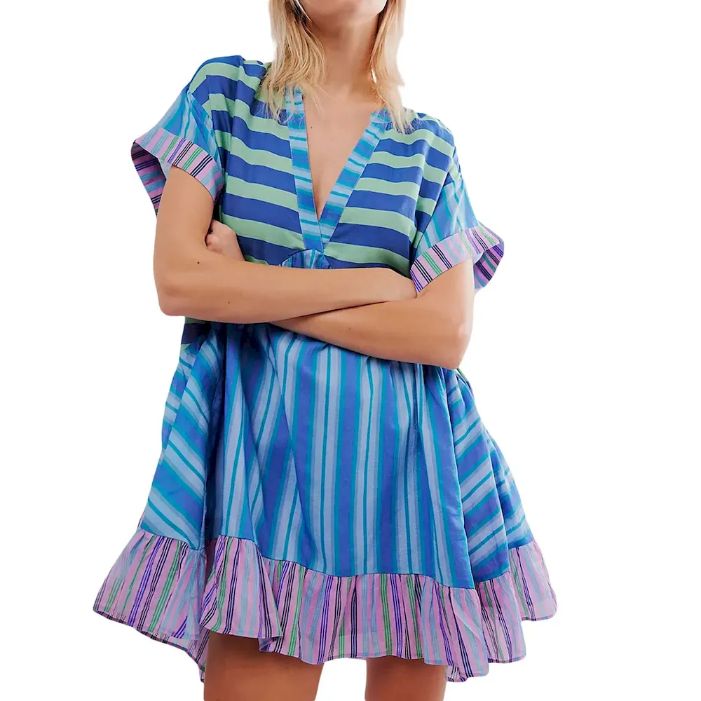 Women Fashion Casual Boho Multicolor Printed Stripe Short Sleeve V-Neck Dress - Image 8